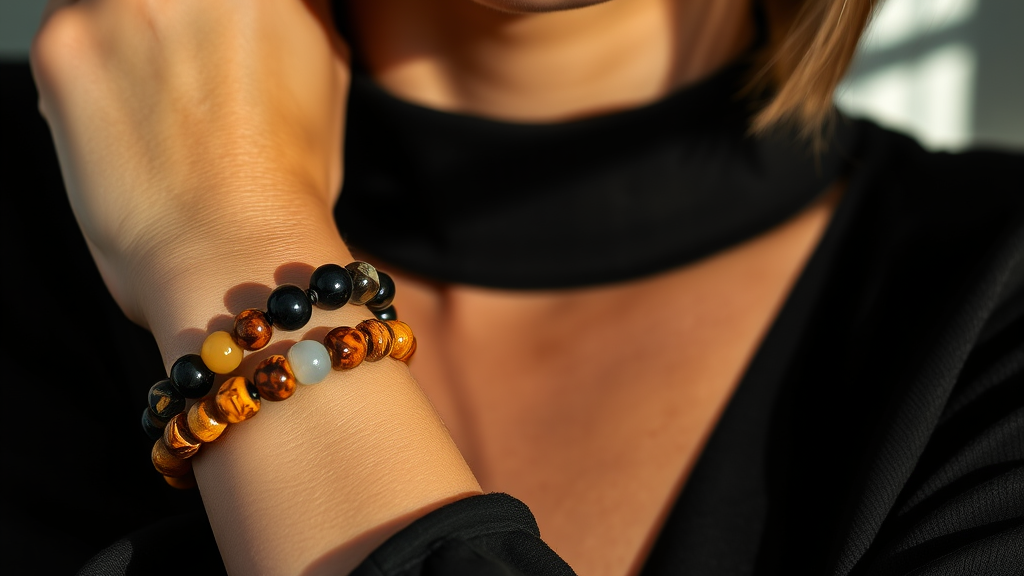 uma mulher usando duas pulseiras de pedra natural