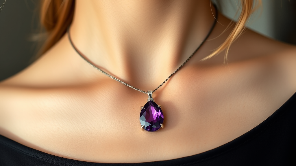 mulher usando colar com pingente de pedra ametista