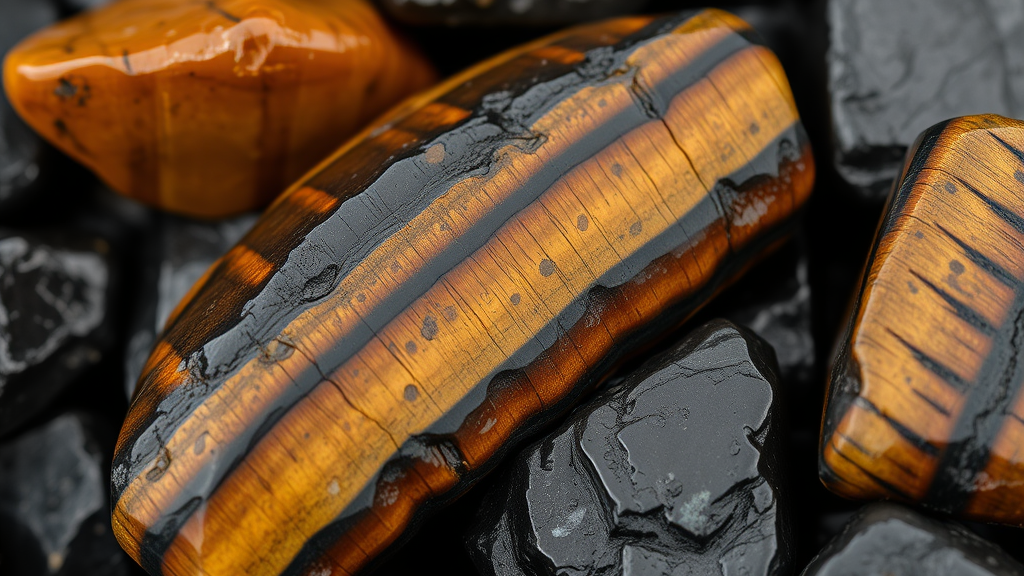 varias pedras juntas de olho de tigre e turmalina negra