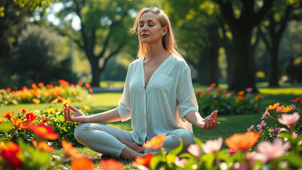 uma mulher sentada em um parque meditando