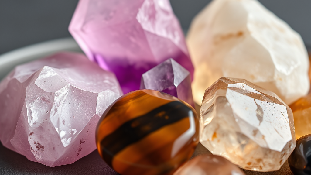 várias pedras naturais juntas: ametista, quartzo rosa, citrino e olho de tigre