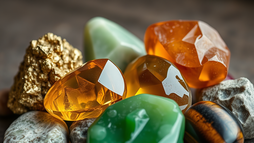 varias pedras da prosperidade: pirita, citrino, quartzo verde, jade, olho de tigre