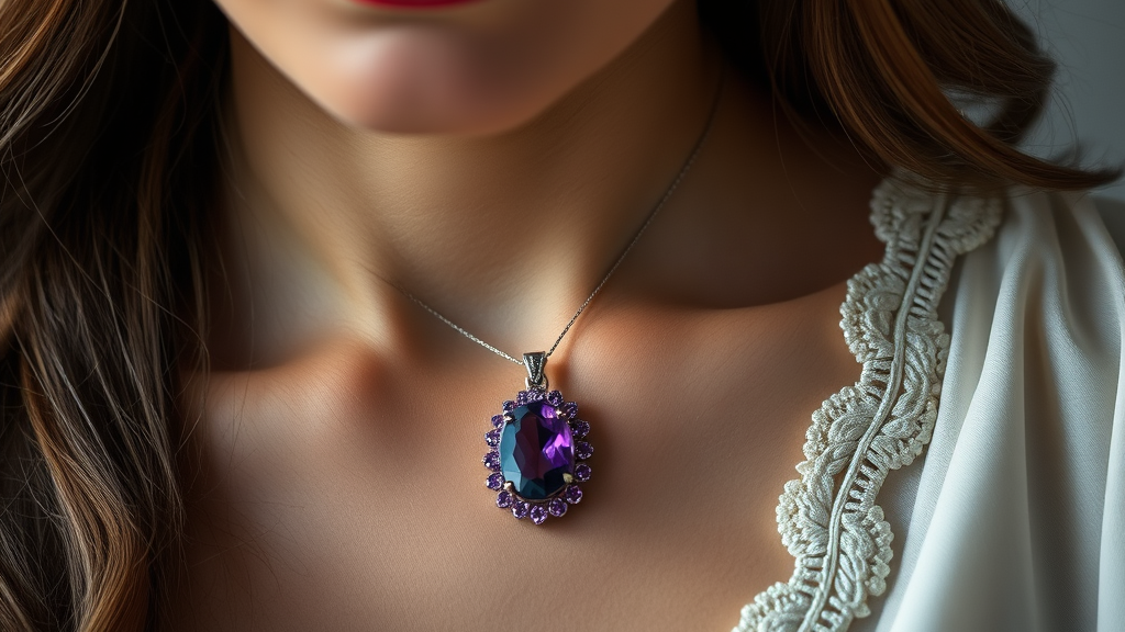 mulher usando colar com pingente ametista