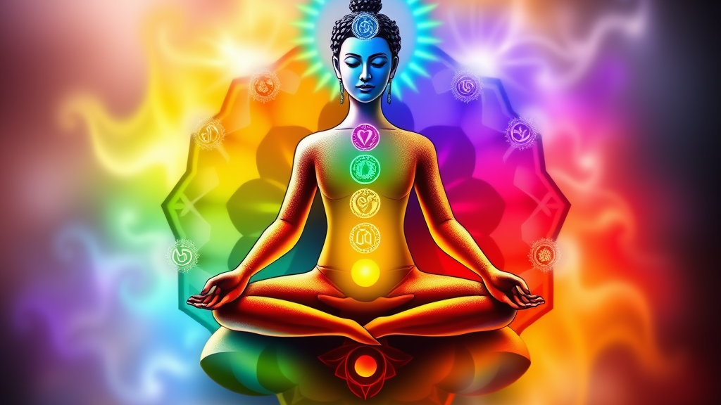 imagem ilustrativo dos sete chakras: básico, sacral, plexo solar, cardíaco, laríngeo, frontal, coronário