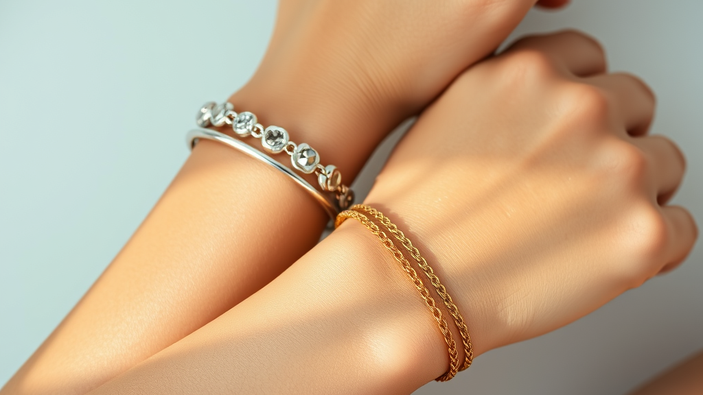 Comparativo de pulseira prateada e dourada em pele clara de subtom frio